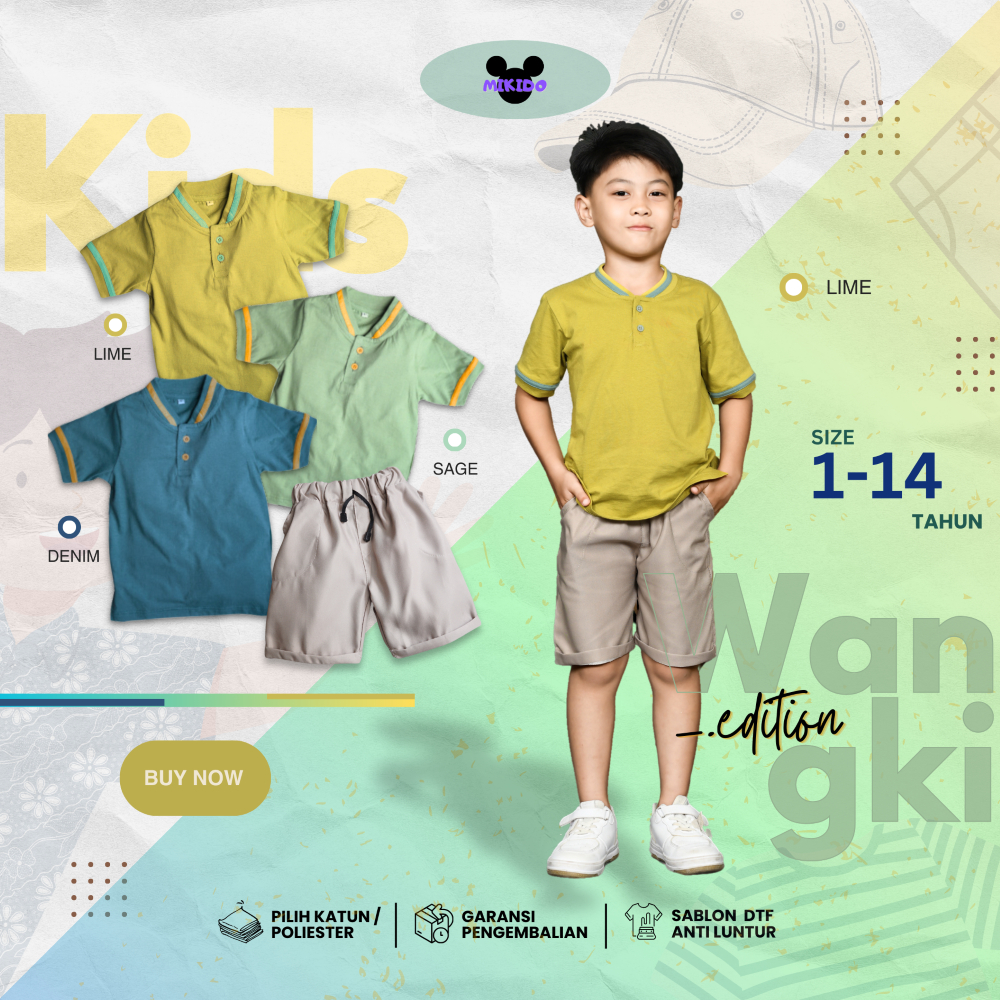 Setelan Baju Kaos Polo Wangki Anak Laki Laki List  dan Hot Pants Drill Usia 1-14 tahun