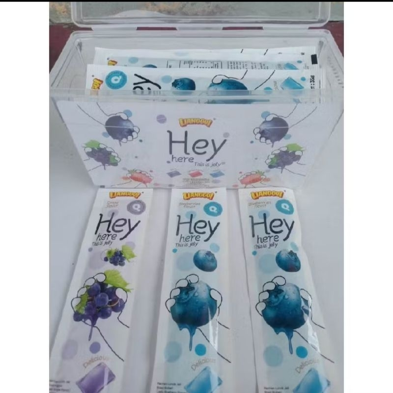 

jely hey here jelly 1 kotak 30pcs x 35 g ,rasa strawberry,anggur,bluebery