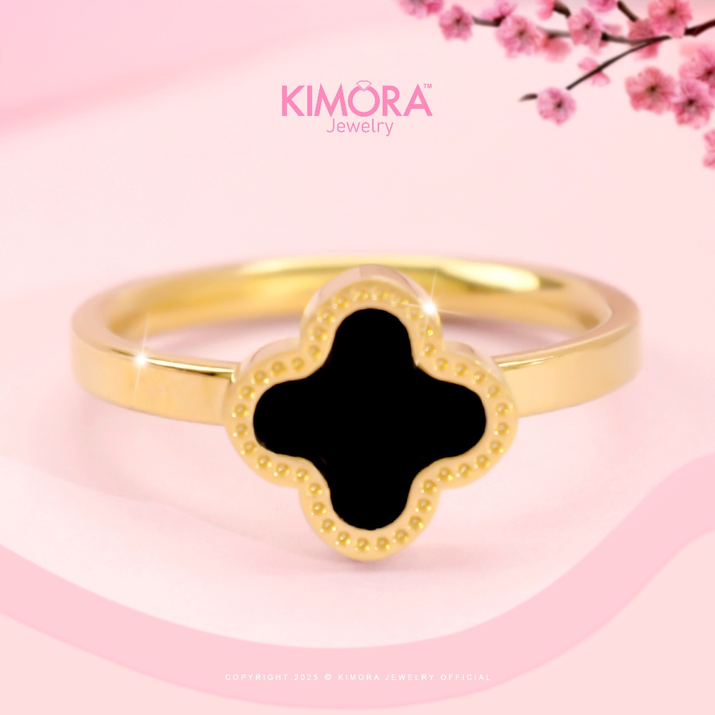 Kimora - Cincin Titanium Wanita Bunga Hitam Mara Gold Plated 18k Cnt181