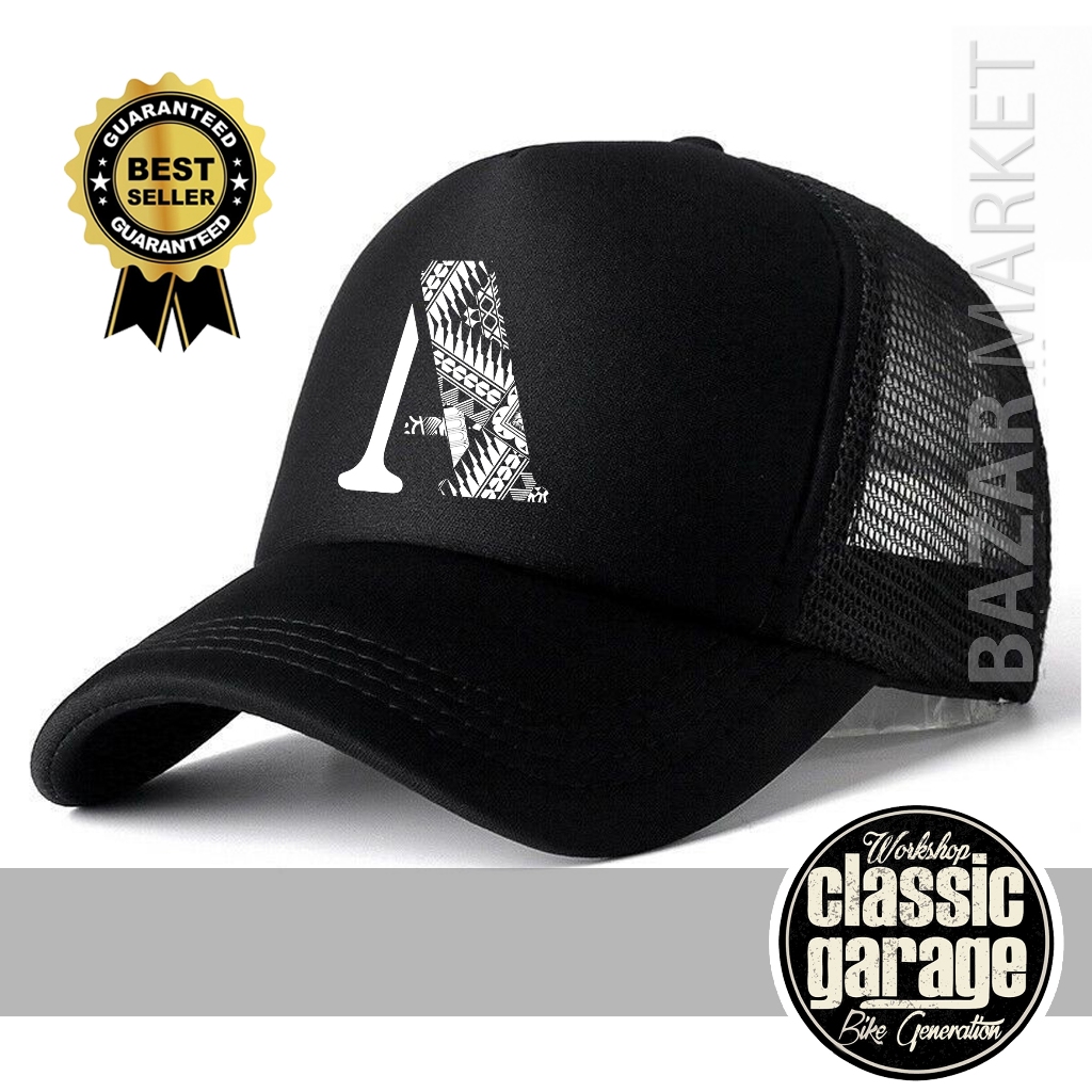 TOPI JARING HITAM INISIAL BATIK HURUF ABJAD A B C D E F G H I J K L M N O P G R S T U V W X Z Q