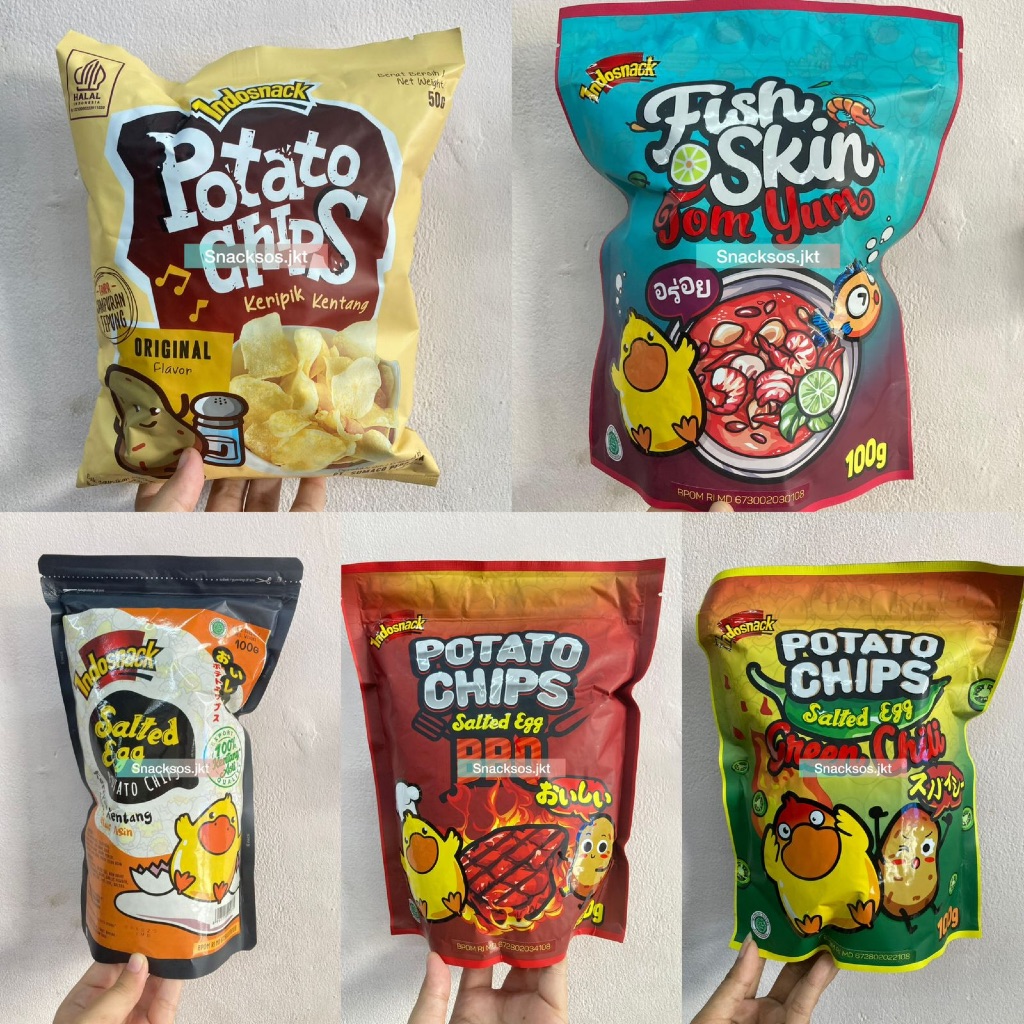 

INDOSNACK POTATO CHIPS ORIGINAL / POTATO CHIPS SALTED EGG BBQ / GREEN CHILI / FISH SKIN TOMYUM / KERIPIK KENTANG TELUR ASIN ORIGINAL