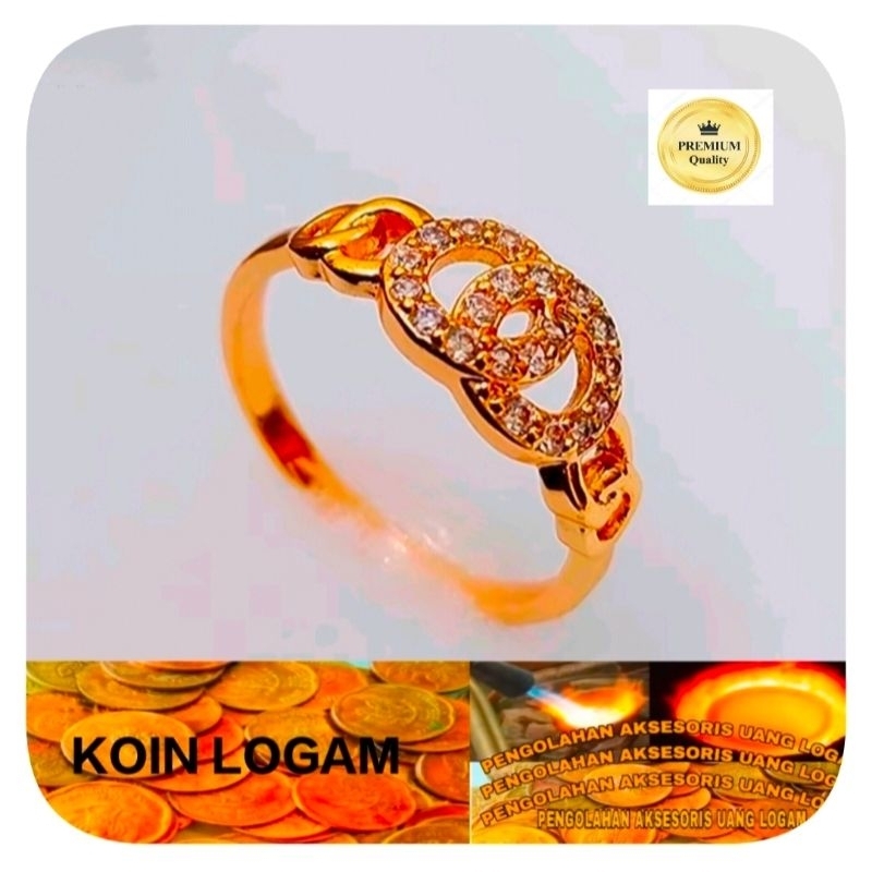 Cincin Wanita Anti Karat Lapis Emas 24k Koin 91 Ori Tidak Luntur Perhiasan Elegan Mewah Kekinian