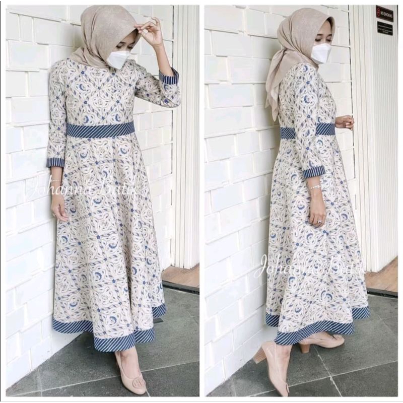 gamis batik wanita motif Mukti lawasan kombinasi lurik biru lapis puring tricot