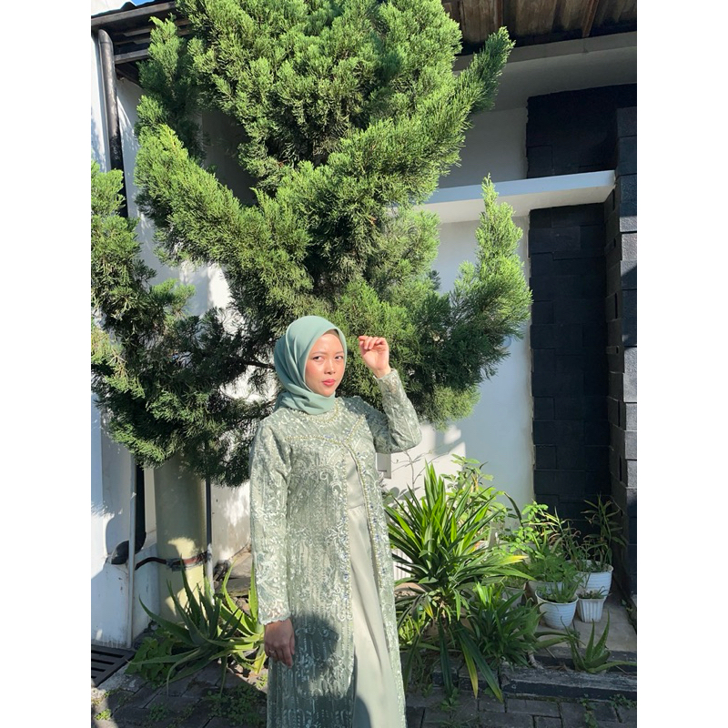 GAMIS DRESS PANJANG BRUKAT HIJAU SAGE BUAT HARI RAYA KONDANGAN
