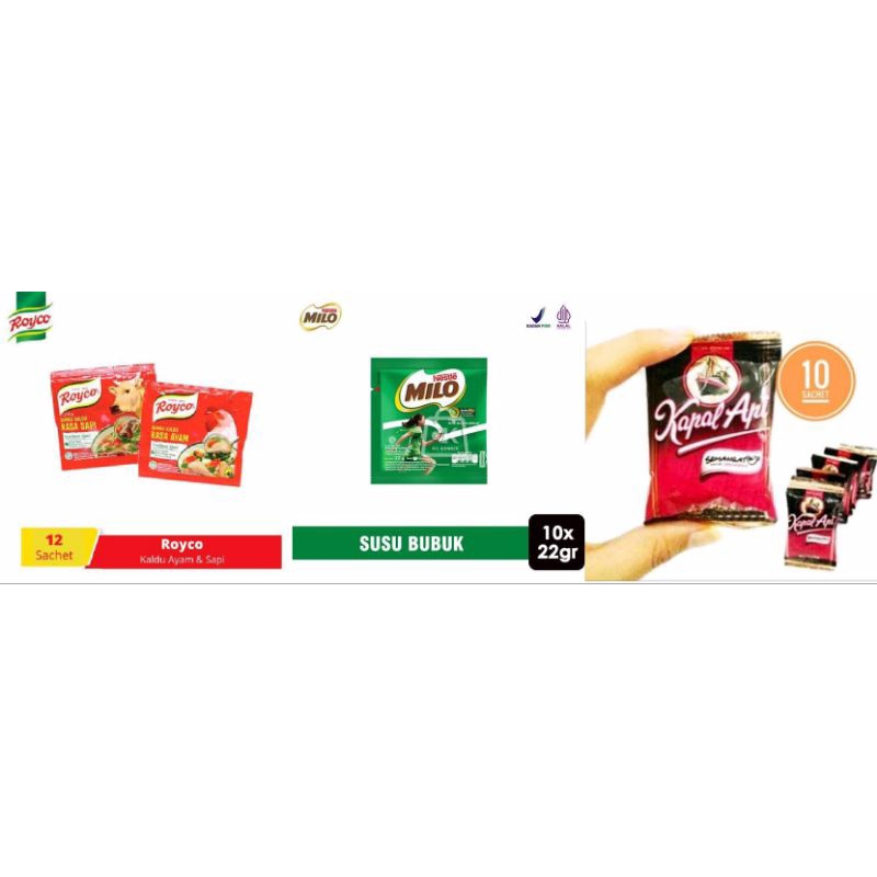 

Paket hemat 3 in 1(1 renteng ) Royco , Milo, Kapal api