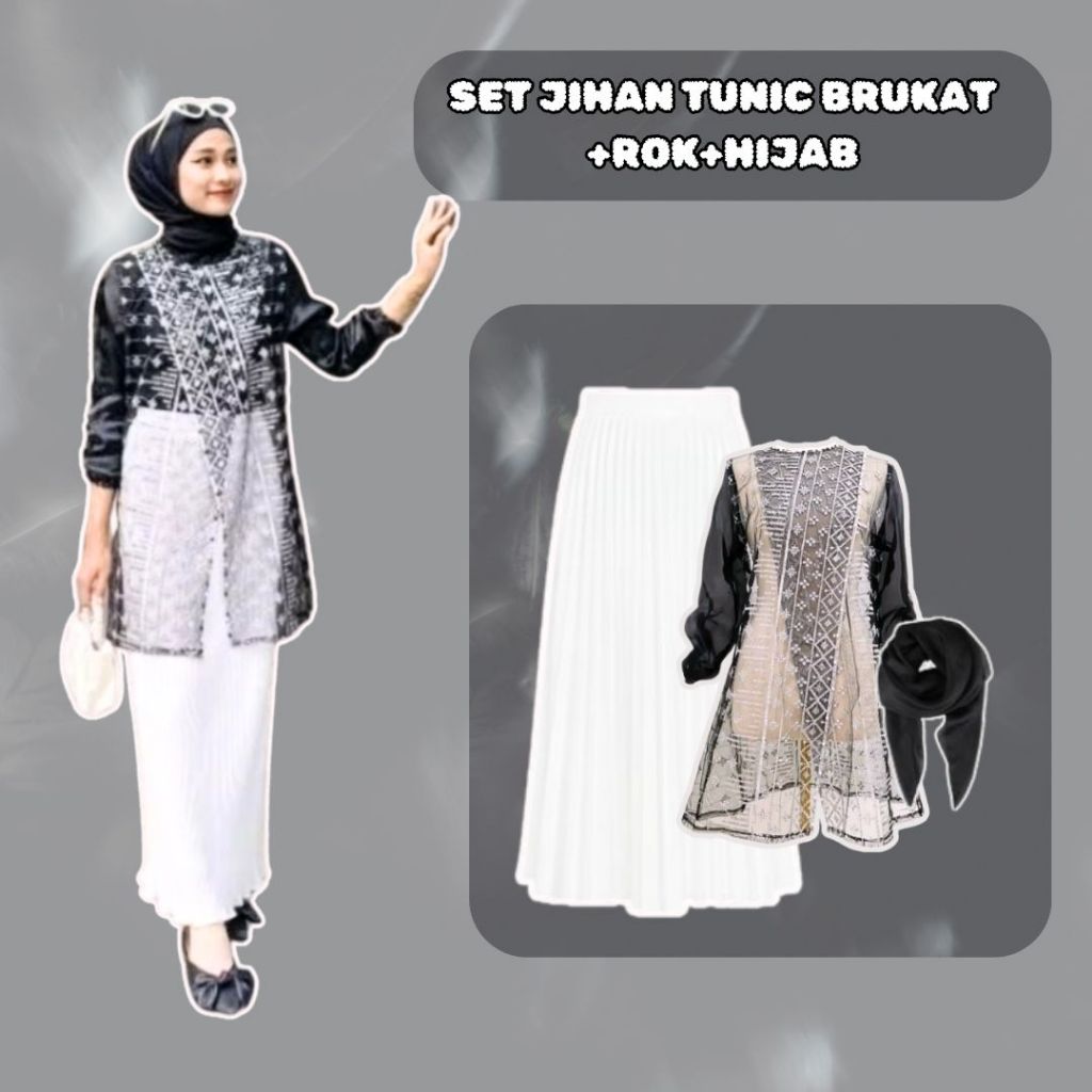 ✅ Set Jihan Tunik Brokat 3in 1 (Tunik + Rok Plisket + Hijab) OOTD Kondangan Simple Setelan Hari Raya