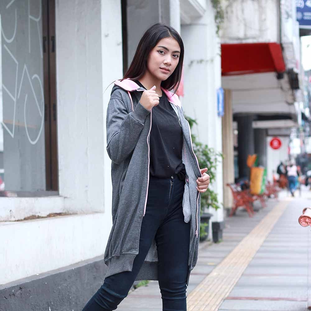 Inficlo Wanita Jaket Zipper Abu-Abu