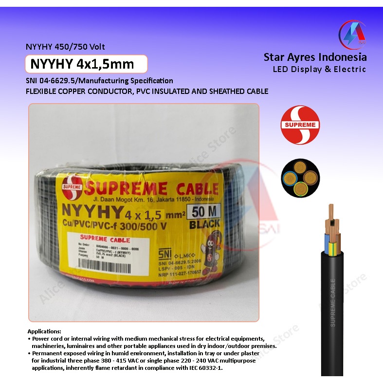 KABEL NYYHY / NYMHY 4x1,5 MM SUPREME / KABEL LISTRIK / KABEL SERABUT NYYHY 4X1,5MM