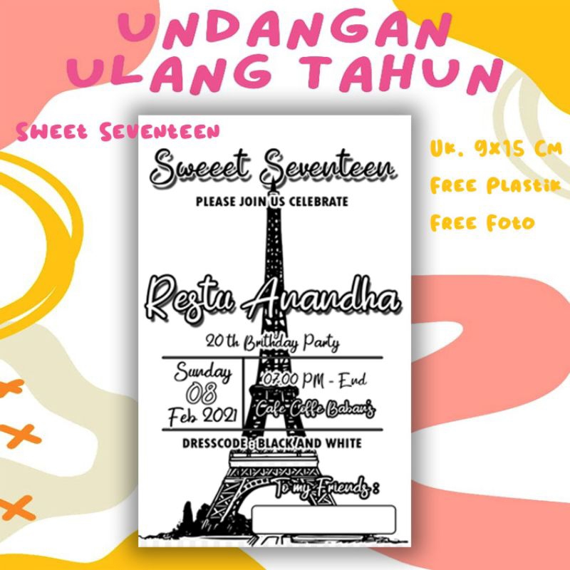 Undangan Sweet Seventeen  kode UT10 ( isi 50 lembar ) Undangan Ulang tahun anak Undangan kartun anak