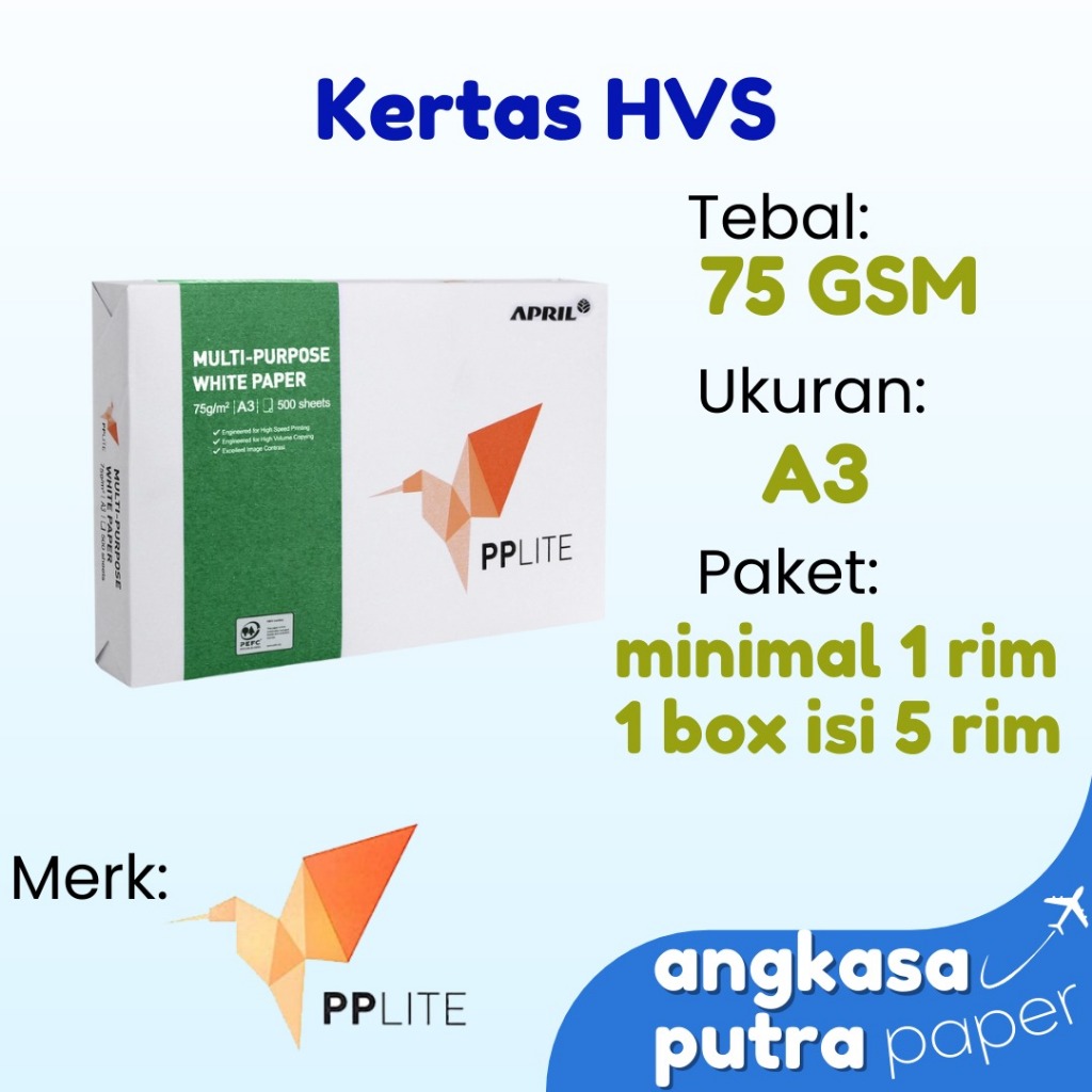 

Kertas HVS merk PP Lite 75 GSM A4, F4, A3