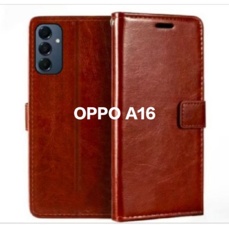 Case Oppo A16 A16e A16k Sarung Hp model dompet flip cover bahan kulit premium