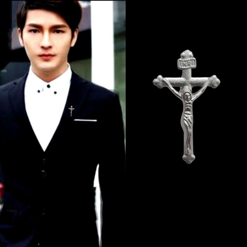 Metal Silver Cross Salib Pin Bros Jas Kameja Tuxedo Mens Pria
