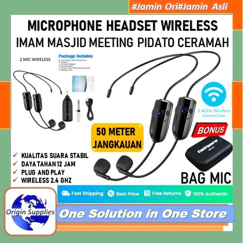 Microphone Mic Clip On Wireless Imam Masjid Bando UHF 2.4G Mikrofon Telinga Jepit Presentasi Tur Mus