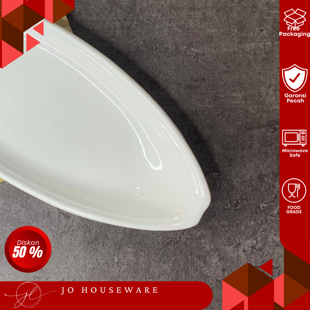 TEBUS SET 3 PCS Piring cekung saji model oval kapal keramik premium putih s ukuran 37 x 16cm piring