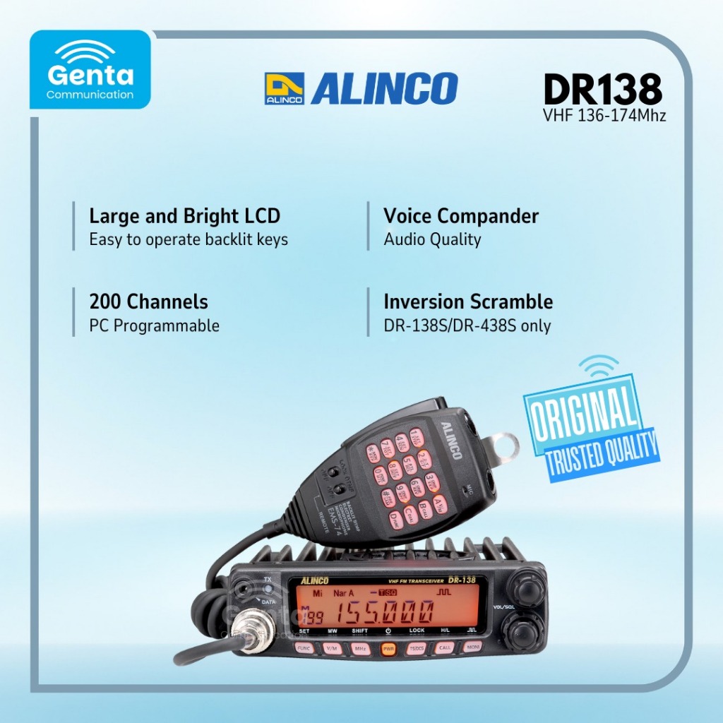 RADIO RIG ALINCO DR138 / ALINCO DR-138 / ALINCO DR 138 VHF 136-174Mhz GARANSI BARU ORIGINAL TERMURAH
