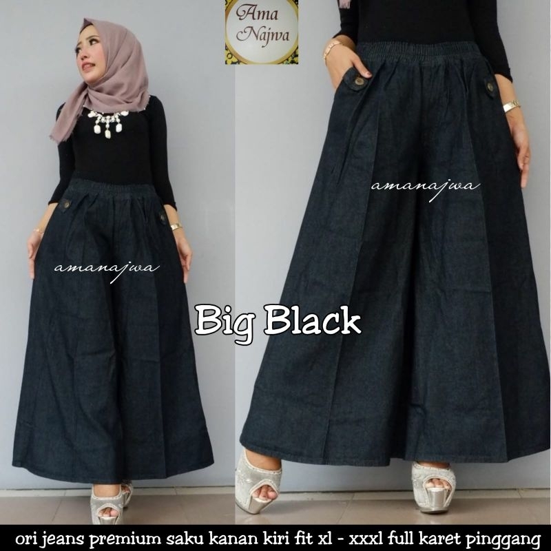 Big Button Celana Kulot Jeans Jumbo Polos Hitam Fit XXXL Pinggang Karet By Amj