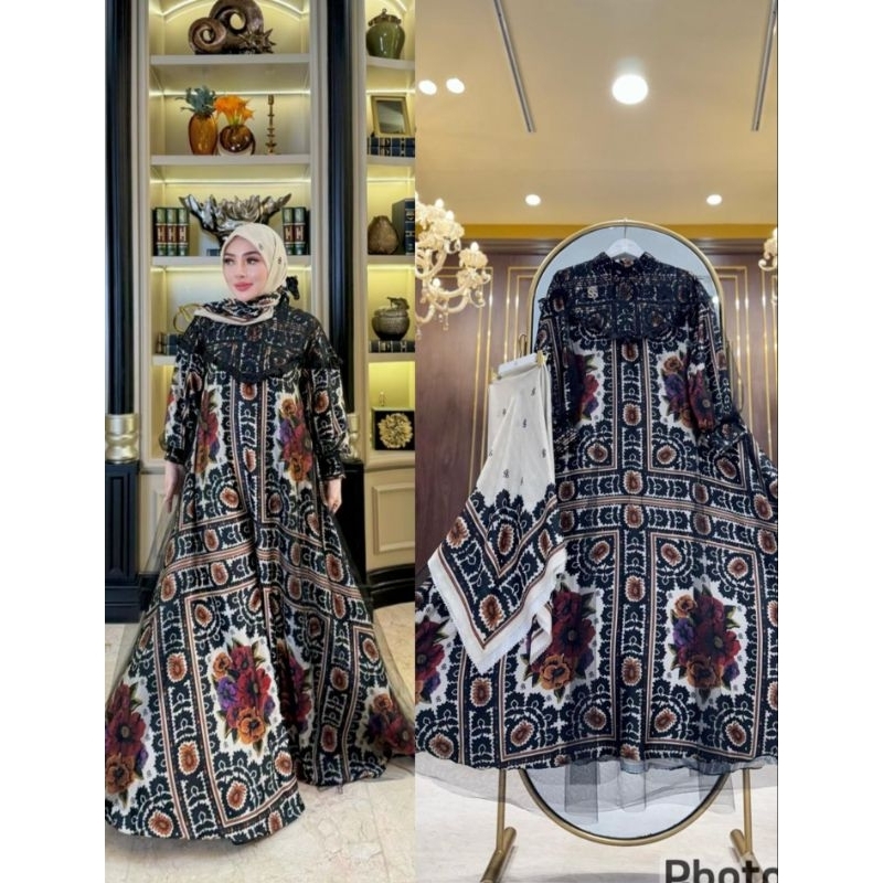 GAMIS SET HIJAB FULL TILE HITAM SHELLASAUKIA