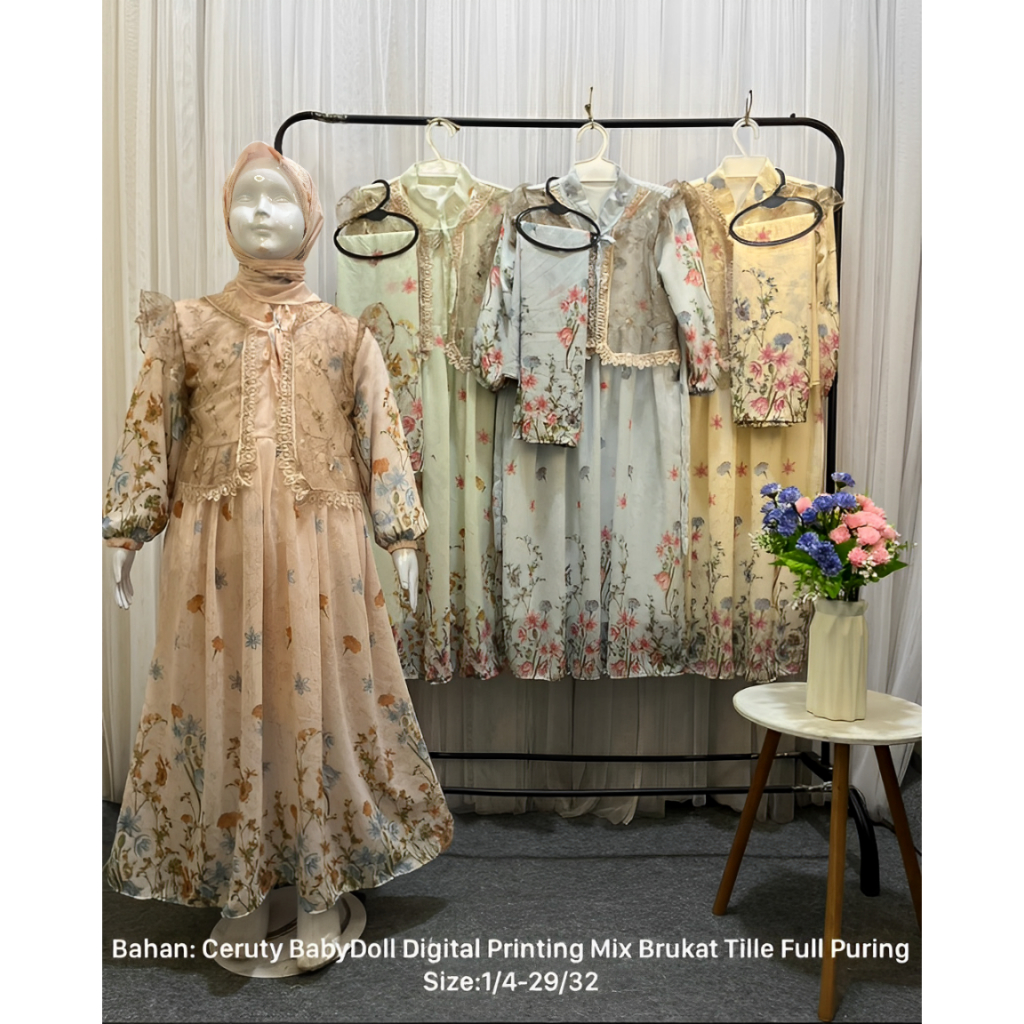 Gamis Ceruty Babydoll Mix Cardigan Muslimah Panjang Free Hijab Anak Perempuan Usia 3-15 Tahun | Paka