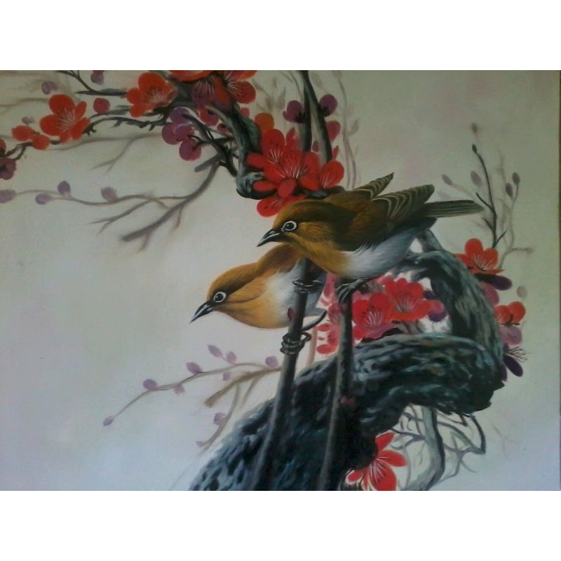 lukisan sepasang burung oil on kanvas ukuran 60x80cm asli buatan tangan no print