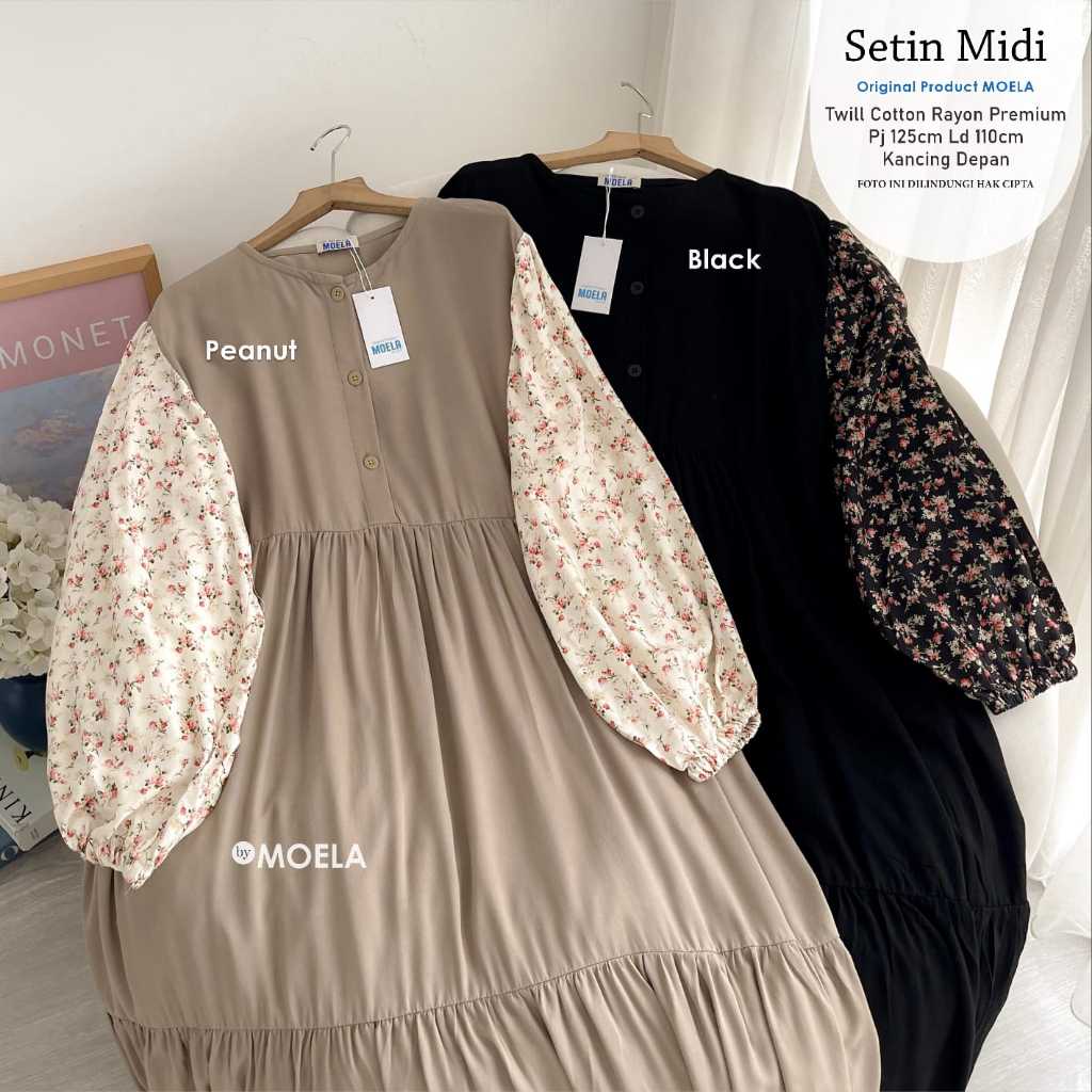 SETIN MIDI DRESS GAMIS KOMBINASI TWILL COTTON RAYON PREMIUM ADEM TEBAL NYAMAN BY MOELA
