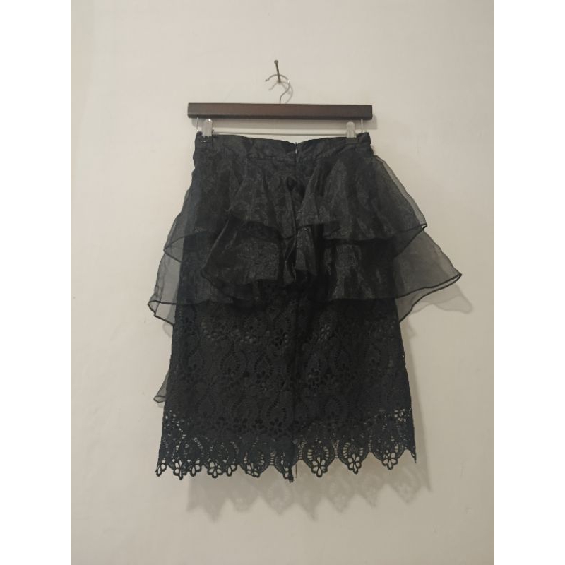 Rok Span Pesta Hitam Midi Skirt Brukat mix Organza murah