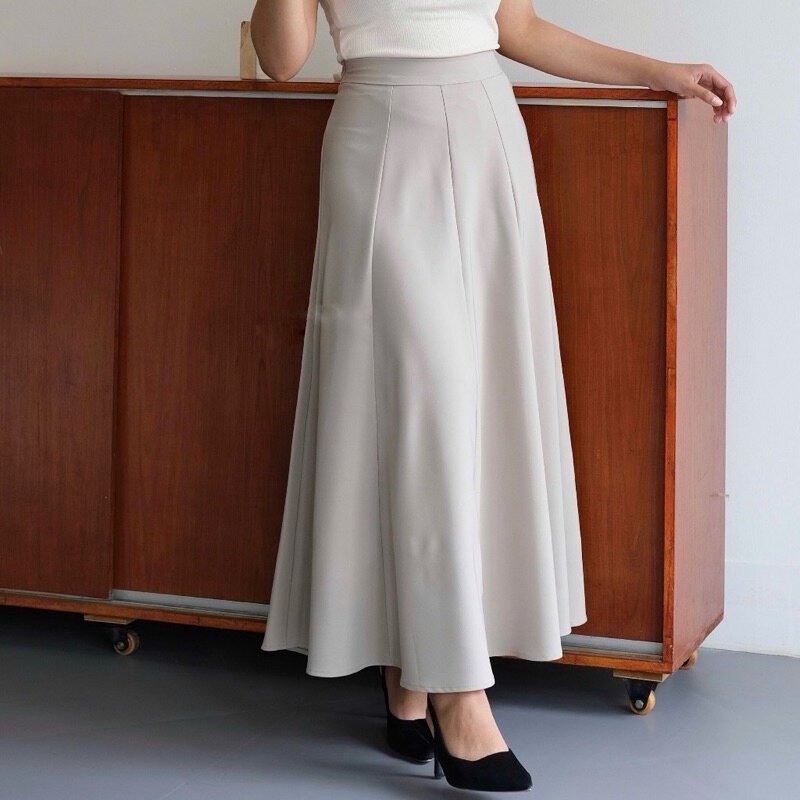 NARENAA - Audy Skirt Panjang Scuba Payung - Rok Payung Korean Style Kuliah Jumbo Hitam Putih