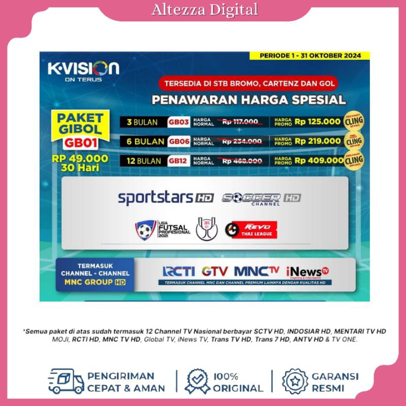 Tv Voucher Paket Gibol K-Vision 1Bulan Bisa Semua jenis C2000, K2000, C1000, optus, gardiner, lgsats