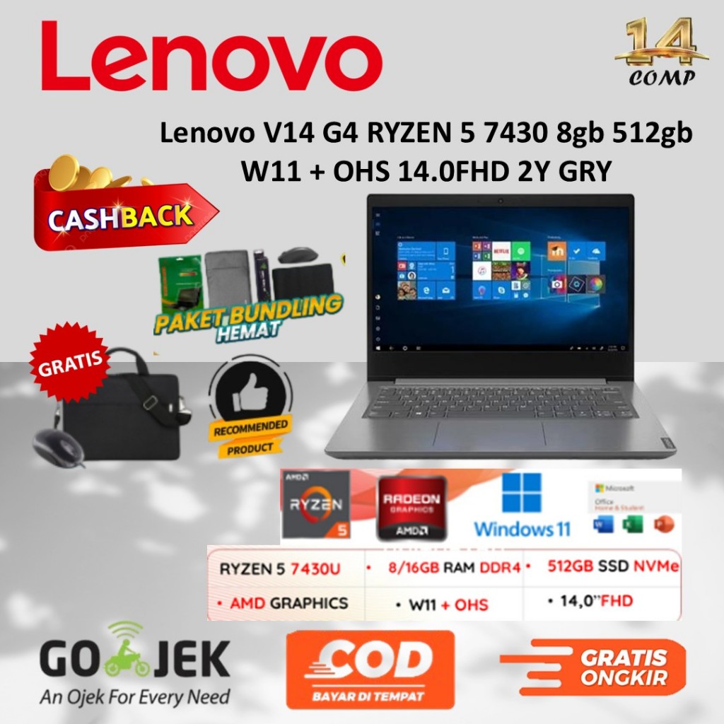 Lenovo V14 G4 RYZEN 5 7430 8gb 512gb W11 + OHS 14.0FHD 2Y GRY