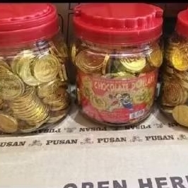 

pusan coklat koin emas gold toples isi 200pcs dollar rupiah yen