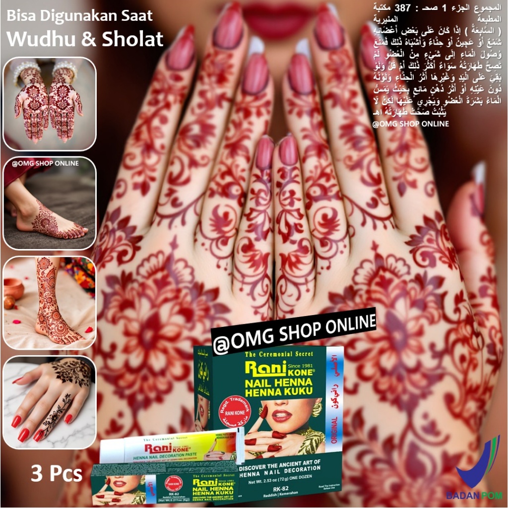 3 Pcs TERMURAH Kone Henna Rani Henna Kuku Halal Tahan Lama Inai Kutek Muslim Sah Sholat Reddish Kute