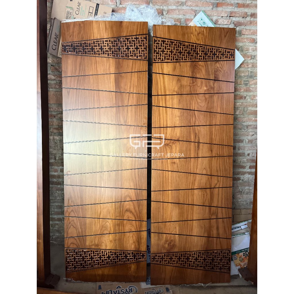 DP 50% PEMBUATAN Pintu Minimalis Kupu Tarung Ukir Grafir Kayu Jati 140x215x4cm