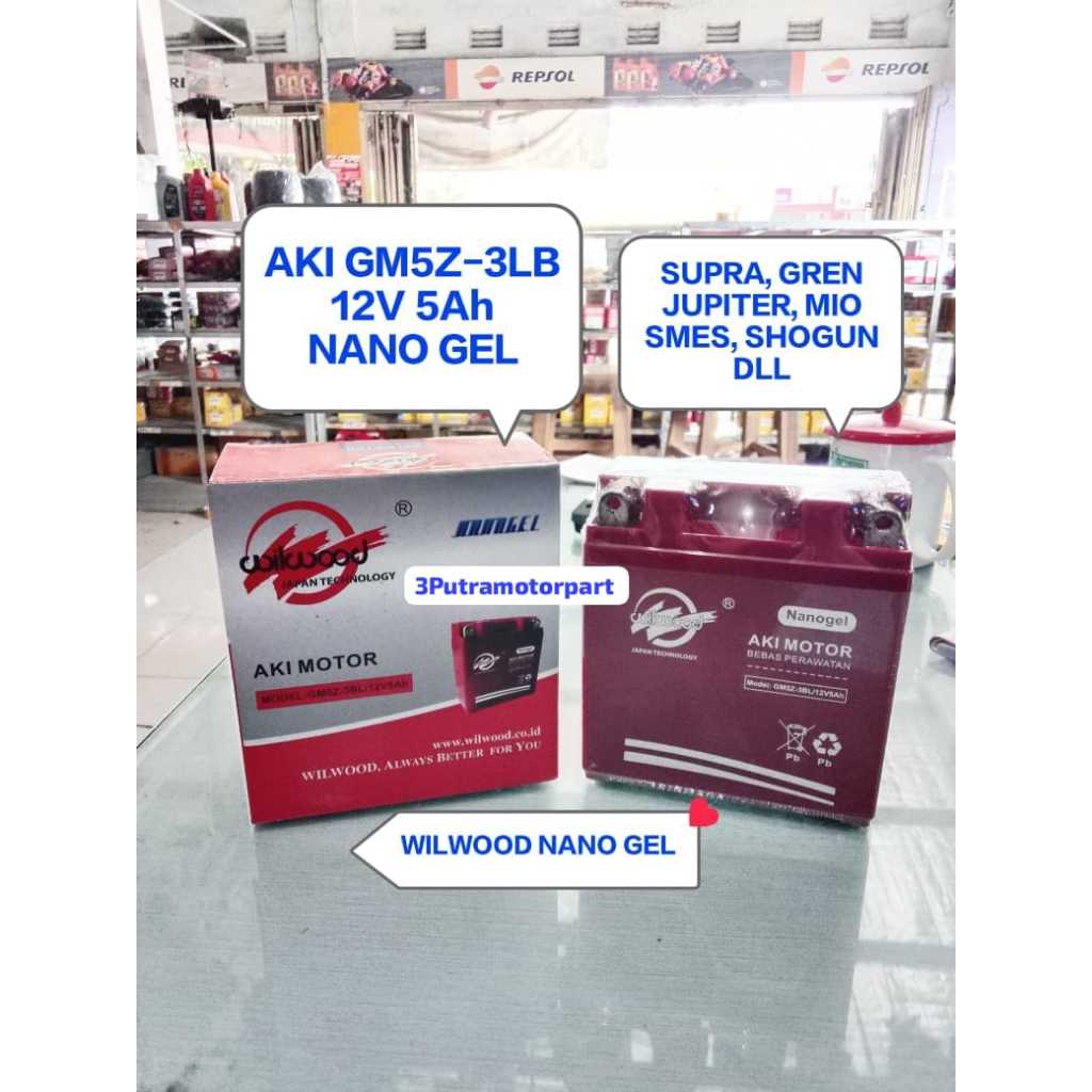 Aki Wilwood Kering GRAND,SMASH,JUPITER Accu MF | Wilwood Nano Gel Aki GM5Z-3LB 12V 5Ah