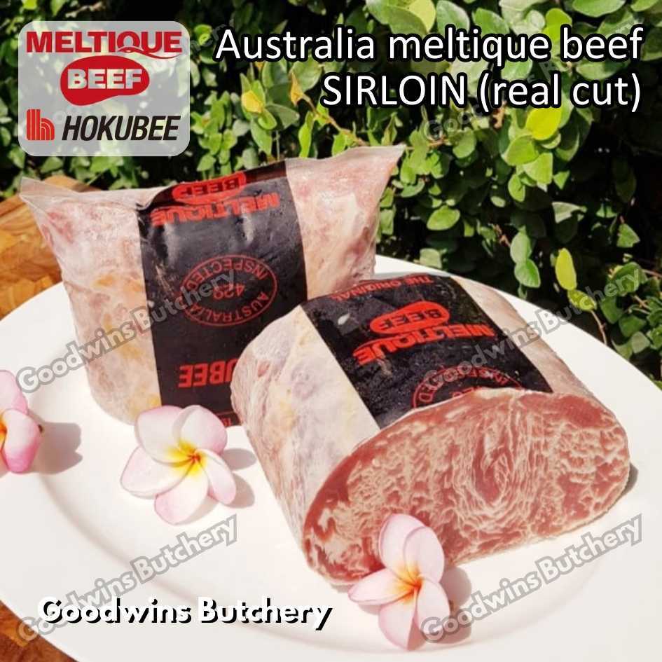 

Beef MELTIQUE SIRLOIN (real cut) Australia Hokubee frozen small roast cuts 1.3 kg/pc daging sapi meltik has luar Striploin New York strip for Teriyaki Shabu2 Saikoro Roast