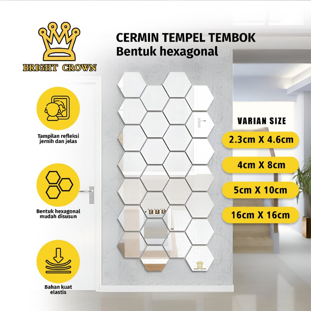 Bright Crown 12PCS Stiker Cermin Kaca Hiasan Dinding Hexagonal / Hexagonal Mirror 3 UKURAN