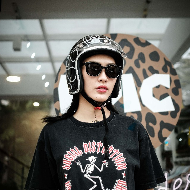 Epic Veil Slim Head EV-500 Open Face Black Flame Pattern List Silver Helm Half Face SNI