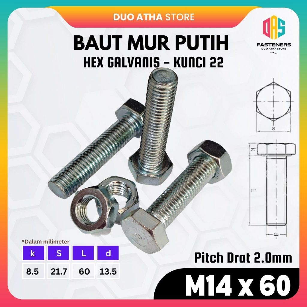 M14 X 60 BAUT MUR PUTIH M14x60 BMP M14 x 60mm HEX GALVANIS