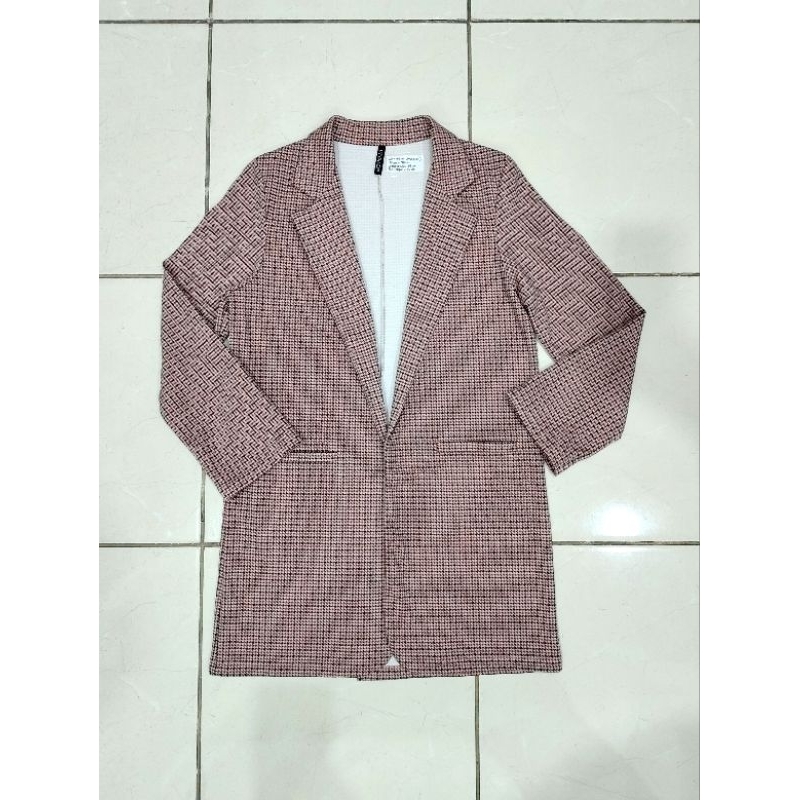 VIVALDI Pink Peach Tartan Long Blazer/ Blazer Pink Wanita Stik Balik Motif Flanel Kotak2