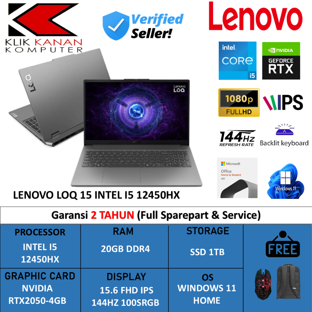 LAPTOP GAMING LENOVO LOQ 15 INTEL I5 12450HX 32GB DDR5 1TB RTX2050-4GB 15.6 144HZ 100SRGB BL WIN11