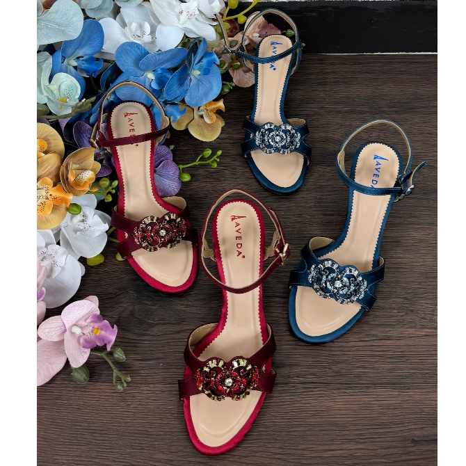 Maroon Navy Sandal Sepatu Pesta Wanita Block Stiletto Heels AVEDA CUSTOM