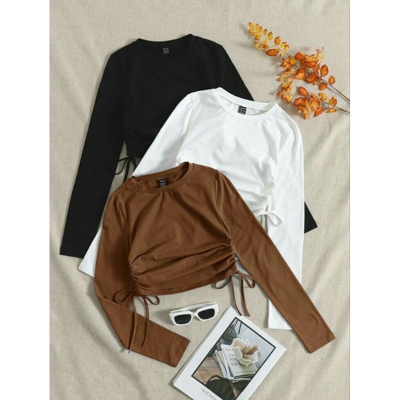 REGINA SERUT PANJANG RIB PREMIUM//Atasan rib knit wanita tali serut samping