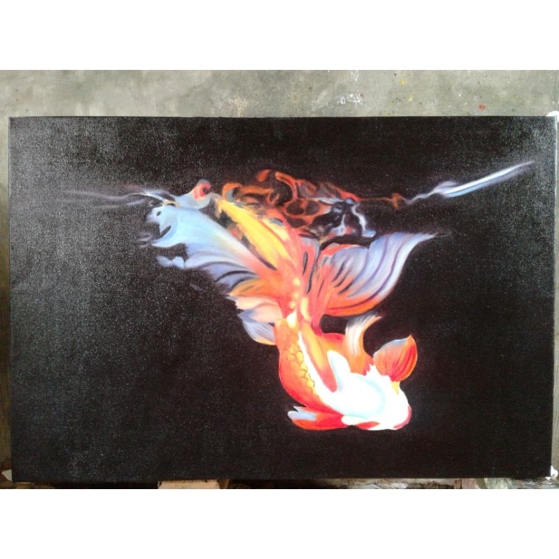 lukisan ikan mas koki ukuran 60x80 oil on kanvas,lukisan asli buatan tangan no print