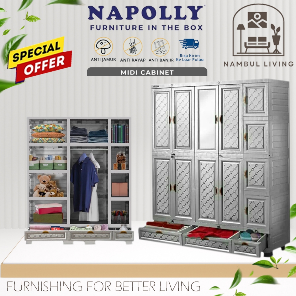 Napolly Lemari Pakaian Baju PLastik Jumbo Besar Gantung Kaca Cermin Kunci MIDICAB