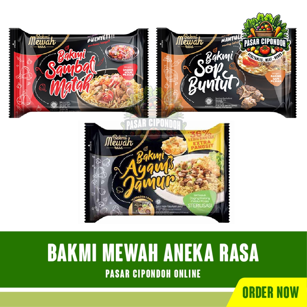 

Bakmi Mewah Aneka Rasa Sambal Matah / Sop Buntut / Ayam Jamur 1Pcs - Pasar Cipondoh Tangerang