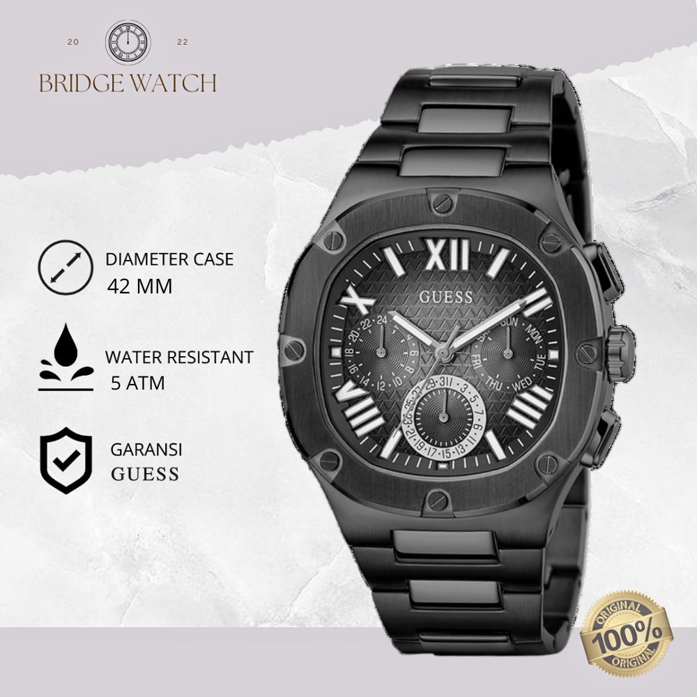 Jam Tangan Pria Guess GW0572G3 Gunmetal Black Chronograph Stainless Steel Mewah Sporty Original