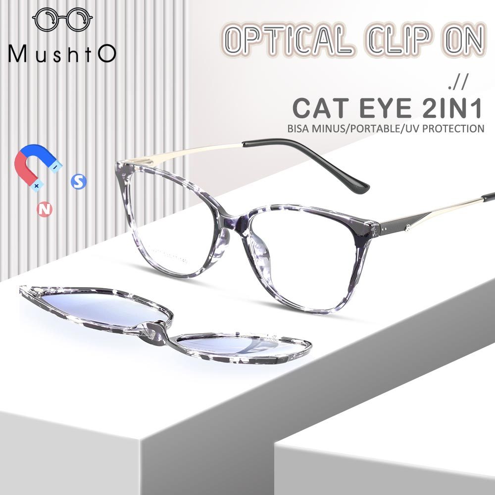 Mushto Clip On Kacamata 2in1 Lensa Polarized Plano Bisa Minus Antiradiasi Blueray Style Wanita TR90+