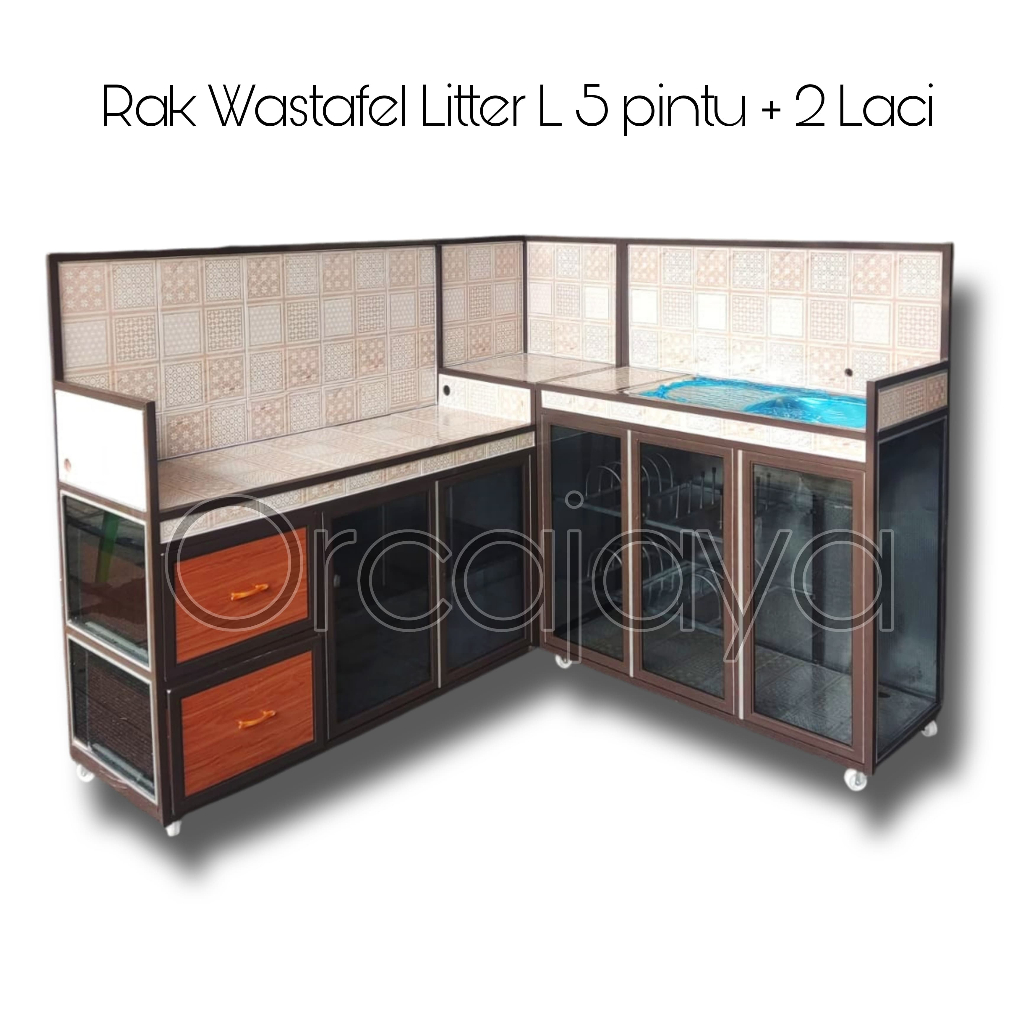 Rak wastafel litter L 5 pintu + 2 laci tiang alumunium holo/rak wastafel/kitchen set/rak cuci piring