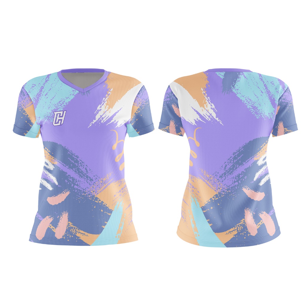 Kaos Jersey Badminton Wanita Lengan Pendek Full Printing Desain Brush Custom Nama