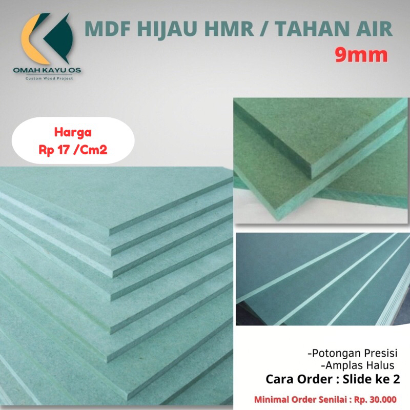 MDF Hijau / HMR Hijau 9mm Custom / Potongan Murah / Tahan Air