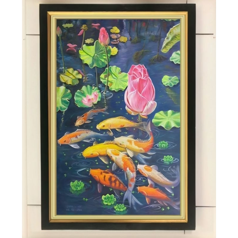 Hiasan dinding lukisan cetak Ikan koi plus bingkai ukuran 65x45