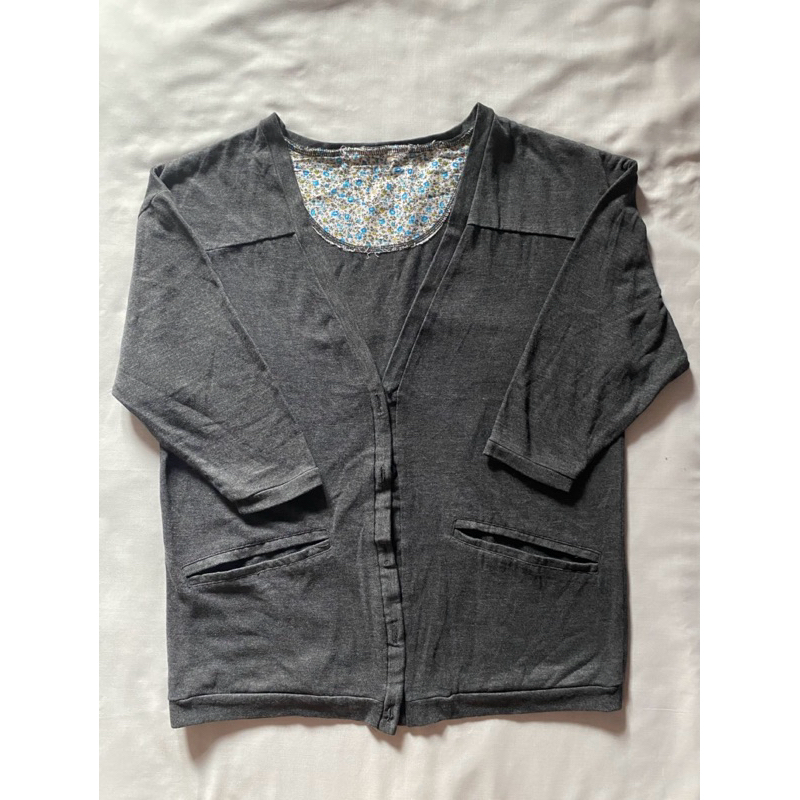 ATASAN WANITA CARDIGAN LENGAN PANJANG BAHAN KAOS CHARCOAL DARK GREY